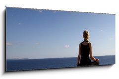 Obraz 1D panorama - 120 x 50 cm F_AB35709780 - girl sitting on rock over ocean