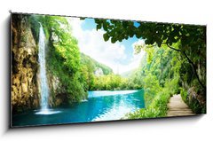 Sklenn obraz 1D panorama - 120 x 50 cm F_AB36234695 - waterfall in deep forest