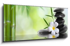 Skleněný obraz 1D panorama - 120 x 50 cm F_AB36696469 - spa stones with frangipani - lázeňské kameny s frangipani