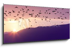 Obraz 1D - 120 x 50 cm F_AB37700640 - Flock of Birds Flying at the Sunset above Mountian at the sunset - Stdo ptk Ltajcch pi zpadu slunce nad Mountian pi zpadu slunce