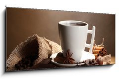 Sklenn obraz 1D panorama - 120 x 50 cm F_AB38114292 - cup of hot chocolate, cinnamon sticks, nuts and chocolate