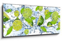 Sklenn obraz 1D panorama - 120 x 50 cm F_AB38602855 - Fresh limes in water splash,isolated on white background - erstv limes ve vod stkajc, izolovanch na blm pozad