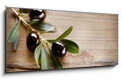 Sklenn obraz 1D panorama - 120 x 50 cm F_AB38981024 - Olives on a Wood background