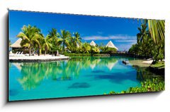 Sklenn obraz 1D - 120 x 50 cm F_AB39219849 - Tropical resort with a green lagoon and palm trees