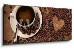 Obraz 1D panorama - 120 x 50 cm F_AB39798872 - Heart shape from coffee beans on wood