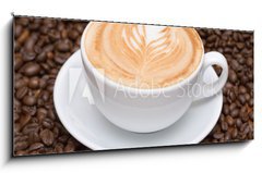 Sklenn obraz 1D panorama - 120 x 50 cm F_AB40003977 - Coffee cup with coffee beans background - Kvov lek s kvovmi zrny pozad