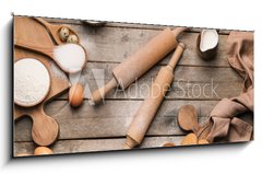 Sklenn obraz 1D panorama - 120 x 50 cm F_AB405324068 - Ingredients for cookies and rolling pins on wooden background