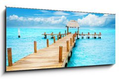 Sklenn obraz 1D panorama - 120 x 50 cm F_AB40822521 - Vacation in Tropic Paradise. Jetty on Isla Mujeres, Mexico