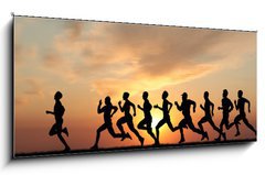 Sklenn obraz 1D - 120 x 50 cm F_AB41044614 - Marathon, black silhouettes of runners on the sunset - Maraton, ern siluety bc na zpad slunce