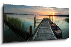 Obraz 1D panorama - 120 x 50 cm F_AB41342790 - Steg mit Boot im Sonnenuntergang - Lvka s lod v zpadu slunce