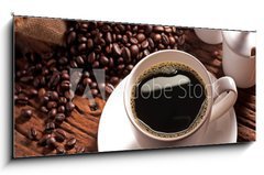 Skleněný obraz 1D panorama - 120 x 50 cm F_AB41409158 - Coffee cup with burlap sack of roasted beans - Kávový šálek s pytlovým pytlem z pražených fazolí