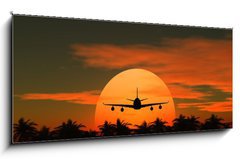 Sklenn obraz 1D panorama - 120 x 50 cm F_AB41883817 - airplane flying at sunset over the tropical land with palm trees