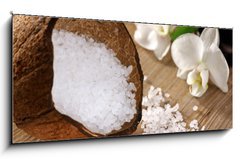 Sklenn obraz 1D panorama - 120 x 50 cm F_AB41904089 - Kokosnuss mit Badesalz und Orchideen