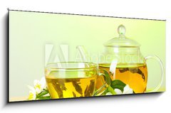 Obraz   tea with jasmine in cup and teapot on table on green background, 120 x 50 cm