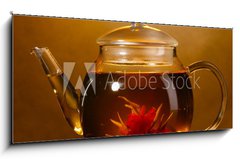 Obraz   glass teapot and cup with exotic green tea, 120 x 50 cm