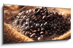 Obraz 1D panorama - 120 x 50 cm F_AB42302963 - Coffee beans with smoke in burlap sack