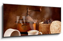 Sklenn obraz 1D panorama - 120 x 50 cm F_AB42479858 - Caff tostato e macinato con cappuccino caldo