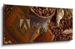 Obraz 1D panorama - 120 x 50 cm F_AB42595888 - Kaffee. Kaffeebohnen und Kaffeem hle