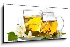 Obraz 1D panorama - 120 x 50 cm F_AB42891887 - green tea with jasmine in cup and teapot isolated on white - zelen aj s jasmnem v lku a ajov konvice izolovanch na blm