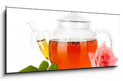 Skleněný obraz 1D panorama - 120 x 50 cm F_AB43208895 - teapot of tea with rose isolated on white - čajová konvice s růží izolovaných na bílém