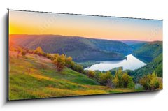 Skleněný obraz 1D panorama - 120 x 50 cm F_AB434259708 - Vivid sunrise landscape in the national nature park Podilski Tovtry, canyon and Studenytsia river is tributary of Dnister river, view from above
