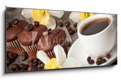 Sklenn obraz 1D panorama - 120 x 50 cm F_AB43427094 - cup of coffee and chocolate cake - lek kvy a okoldovho dortu