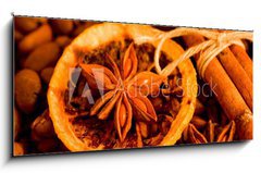 Skleněný obraz 1D panorama - 120 x 50 cm F_AB43473159 - Coffee beans and cinnamon - Kávová zrna a skořice
