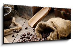 Obraz 1D panorama - 120 x 50 cm F_AB43606423 - Roasted coffee beans in vintage setting