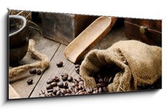 Skleněný obraz 1D panorama - 120 x 50 cm F_AB43606423 - Roasted coffee beans in vintage setting - Pečená kávová zrna v vinobraní