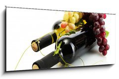 Sklenn obraz 1D panorama - 120 x 50 cm F_AB44046093 - bottles of wine and ripe grapes isolated on white - lhve vna a zral hrozny izolovanch na blm