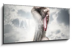 Sklenn obraz 1D panorama - 120 x 50 cm F_AB44192642 - Male hand holding gold medal against the dramatic sky - Musk ruka drc zlatou medaili proti dramatickmu nebi