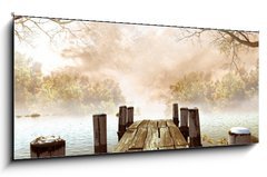 Obraz 1D panorama - 120 x 50 cm F_AB44518393 - Jesienna sceneria z drewnianym molo na jeziorze