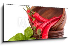 Obraz 1D panorama - 120 x 50 cm F_AB44639142 - Hot red chili or chilli pepper in wooden bowls stack - Hork erven chilli nebo papriku papriky v devn msy zsobnku