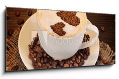 Obraz 1D panorama - 120 x 50 cm F_AB44905148 - Latte on wooden table on brown background