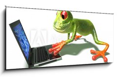 Skleněný obraz 1D panorama - 120 x 50 cm F_AB4498529 - Grenouille devant un ordinateur portable - Grenouille pochází z přenosného přenosného počítače