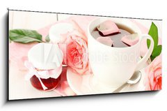 Sklenn obraz 1D panorama - 120 x 50 cm F_AB45499429 - cup of tea with roses and jam on white wooden table - lek aje s r a demem na blm devnm stole