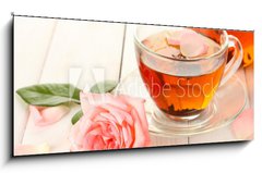Obraz 1D panorama - 120 x 50 cm F_AB45691138 - teapot and cup of tea with roses on white wooden table