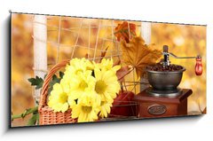 Obraz 1D panorama - 120 x 50 cm F_AB46892212 - autumnal composition:coffee grinder, flowers  and leaves