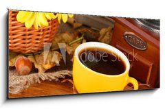 Obraz 1D panorama - 120 x 50 cm F_AB46892216 - autumnal composition:coffee grinder, flowers  and leaves