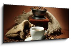 Obraz 1D panorama - 120 x 50 cm F_AB47552401 - cup of coffee, grinder, turk and coffee beans - lek kvy, mlnky, tuk a kvov zrna