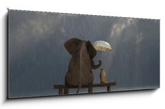 Obraz 1D panorama - 120 x 50 cm F_AB48939769 - elephant and dog sit under the rain - slon a pes sed pod d隝
