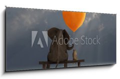 Sklenn obraz 1D panorama - 120 x 50 cm F_AB49410537 - elephant and dog holding a heart shaped balloon - slon a pes dr baln ve tvaru srdce