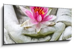 Sklenn obraz 1D - 120 x 50 cm F_AB49558982 - Buddha hands holding flower, close up - Buddha ruce drc kvt, zblzka