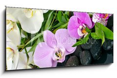 Obraz 1D panorama - 120 x 50 cm F_AB50426664 - Wellness Concept: orchids, bamboo, stone, water