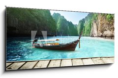Obraz   rock of Phi Phi island in Thailand and wooden platform, 120 x 50 cm