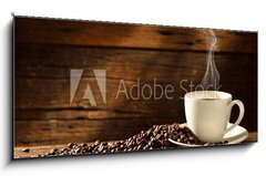 Obraz 1D panorama - 120 x 50 cm F_AB54604060 - Coffee cup and coffee beans on old wooden background