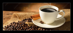 Skleněný obraz 1D panorama - 120 x 50 cm F_AB54792781 - Coffee cup and coffee beans on old wooden background