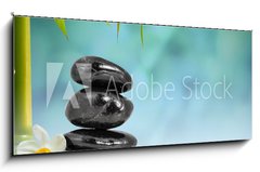 Skleněný obraz 1D panorama - 120 x 50 cm F_AB55037906 - Stones and Bamboo on the water with narcissus flower - Kameny a bambus na vodě s květem narcisu