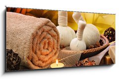 Obraz 1D - 120 x 50 cm F_AB55741777 - Massage background with rolled towel, spa balls and candlelight - Masn pozad s vlcovanm runkem, lznmi a svtlem svek