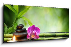 Obraz 1D panorama - 120 x 50 cm F_AB55755054 - purple orchid, candle, with stones , bamboo on black mat